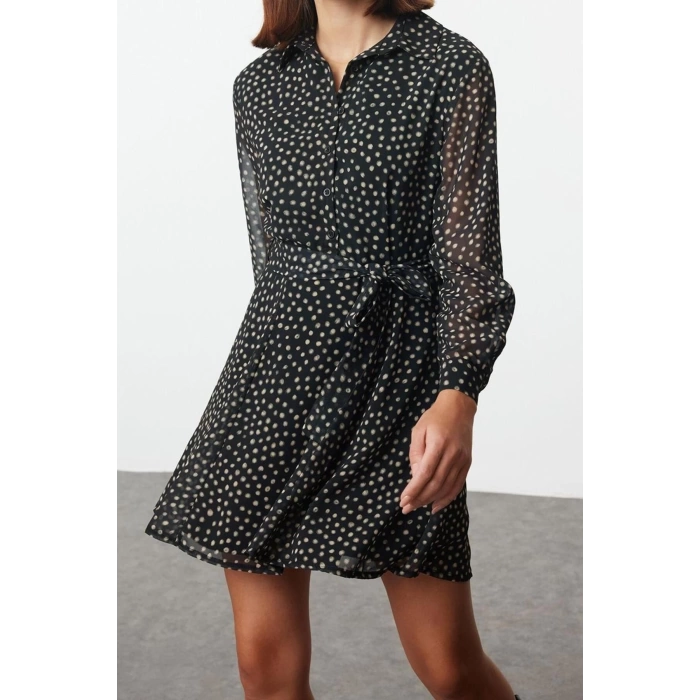 Women Fashion Stylish Mini Length Shirt Collar Regular Animal Woven Dress