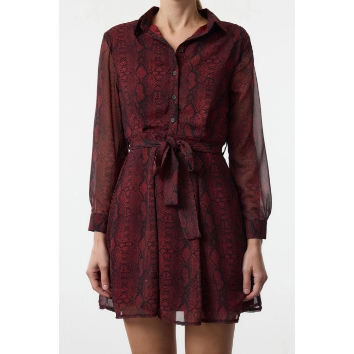 Women Fashion Stylish Mini Length Shirt Collar Regular Animal Woven Dress