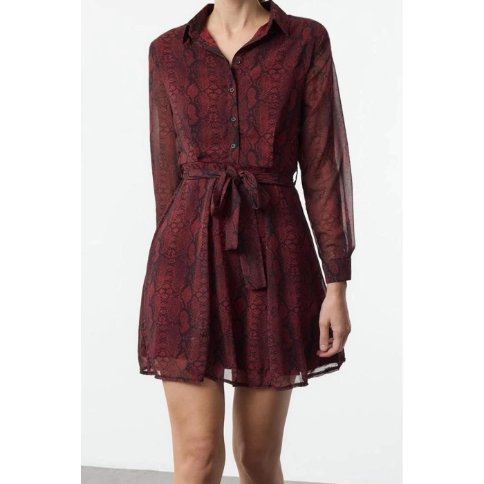 Women Fashion Stylish Mini Length Shirt Collar Regular Animal Woven Dress