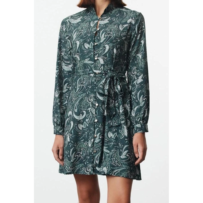 Women Fashion Stylish Mini Length Shirt Collar Regular Belted Shawl Pattern Lined Woven Shirt Dress