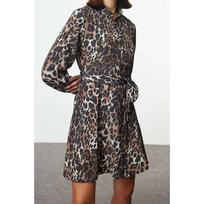 Women Fashion Stylish Mini Length Shirt Collar Regular Belted Shawl Pattern Lined Woven Shirt Dress