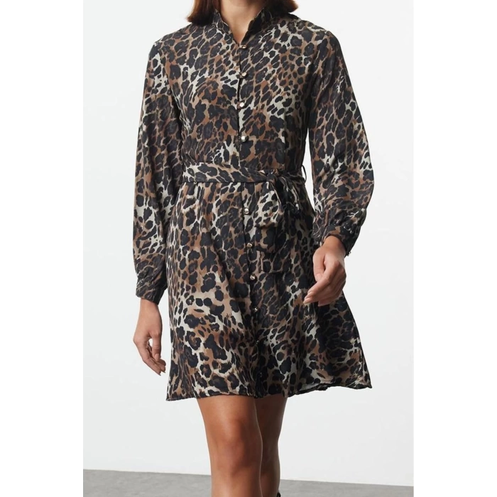 Women Fashion Stylish Mini Length Shirt Collar Regular Belted Shawl Pattern Lined Woven Shirt Dress