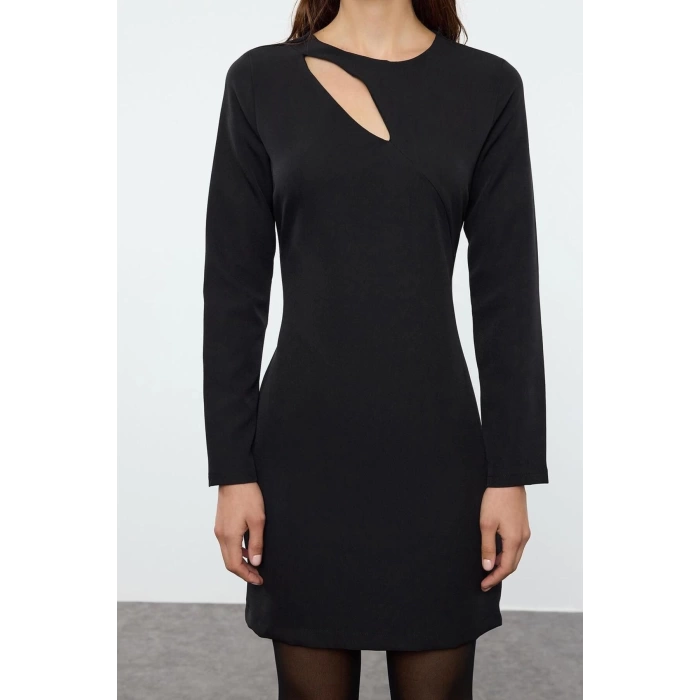 Women Fashion Stylish Mini Length Crew Neck Regular Bodycon Window Detailed Woven Dress