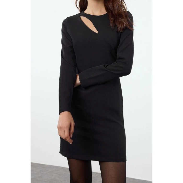 Women Fashion Stylish Mini Length Crew Neck Regular Bodycon Window Detailed Woven Dress