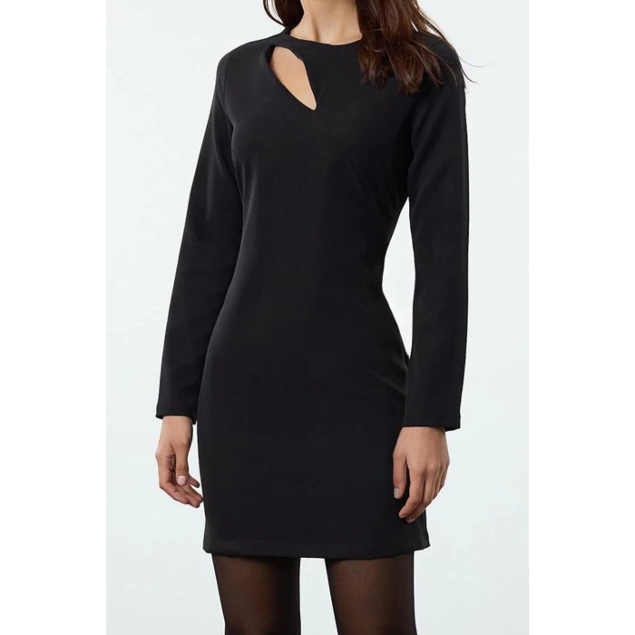 Women Fashion Stylish Mini Length Crew Neck Regular Bodycon Window Detailed Woven Dress