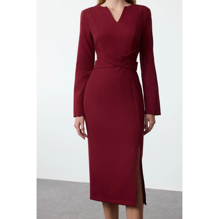 Women Fashion Stylish Midi Length V Neck Regular Bodycon Woven Dress