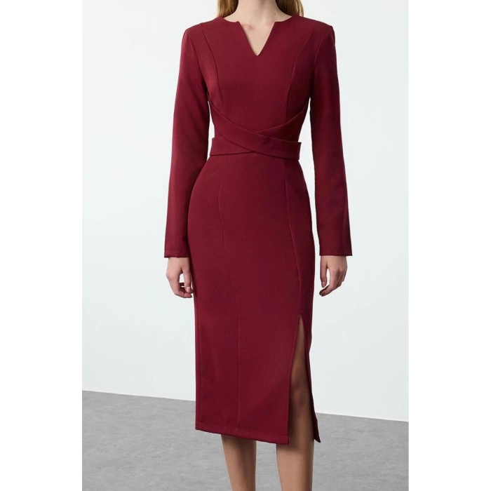 Women Fashion Stylish Midi Length V Neck Regular Bodycon Woven Dress