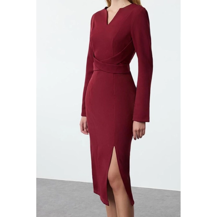 Women Fashion Stylish Midi Length V Neck Regular Bodycon Woven Dress