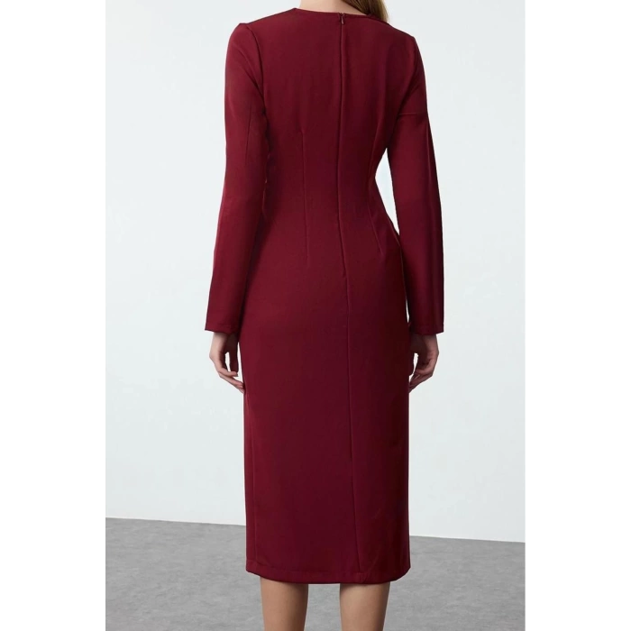 Women Fashion Stylish Midi Length V Neck Regular Bodycon Woven Dress