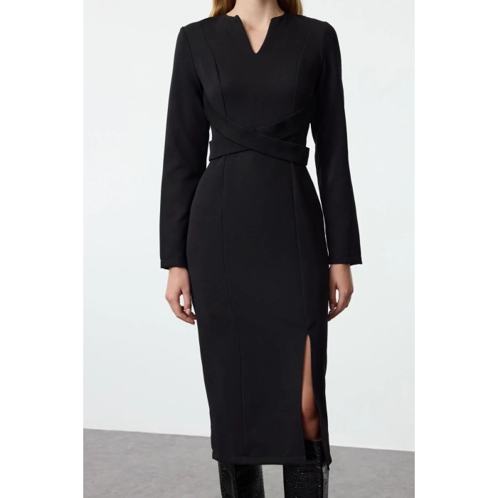 Women Fashion Stylish Midi Length V Neck Regular Bodycon Woven Dress