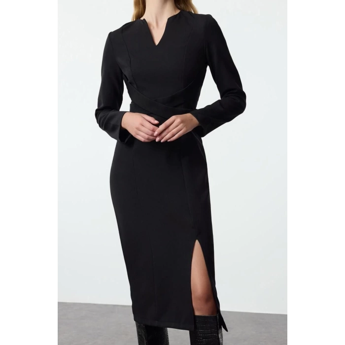 Women Fashion Stylish Midi Length V Neck Regular Bodycon Woven Dress