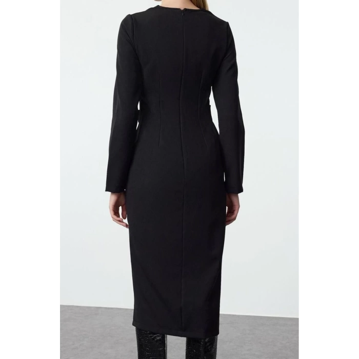 Women Fashion Stylish Midi Length V Neck Regular Bodycon Woven Dress