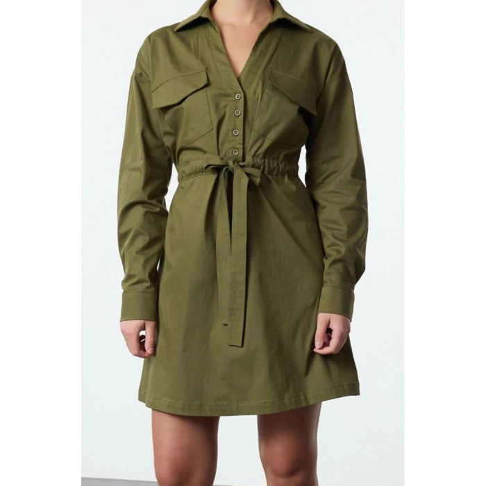 Womens Fashion Stylish Mini Length Shirt Collar Regular Waist Tunnel Detailed Cotton Woven Dress