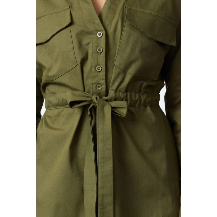 Womens Fashion Stylish Mini Length Shirt Collar Regular Waist Tunnel Detailed Cotton Woven Dress