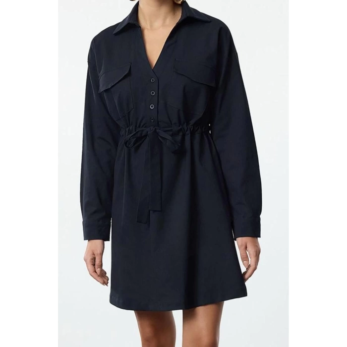 Womens Fashion Stylish Mini Length Shirt Collar Regular Waist Tunnel Detailed Cotton Woven Dress