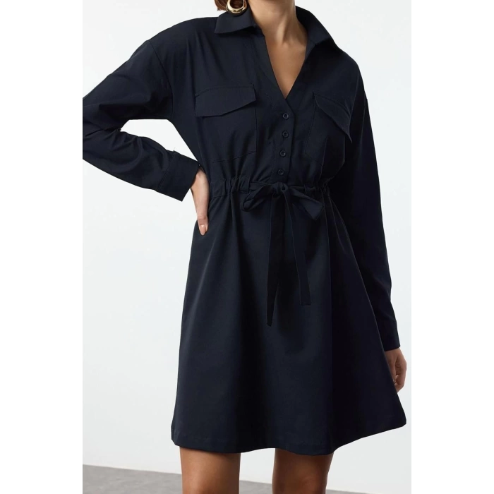Womens Fashion Stylish Mini Length Shirt Collar Regular Waist Tunnel Detailed Cotton Woven Dress