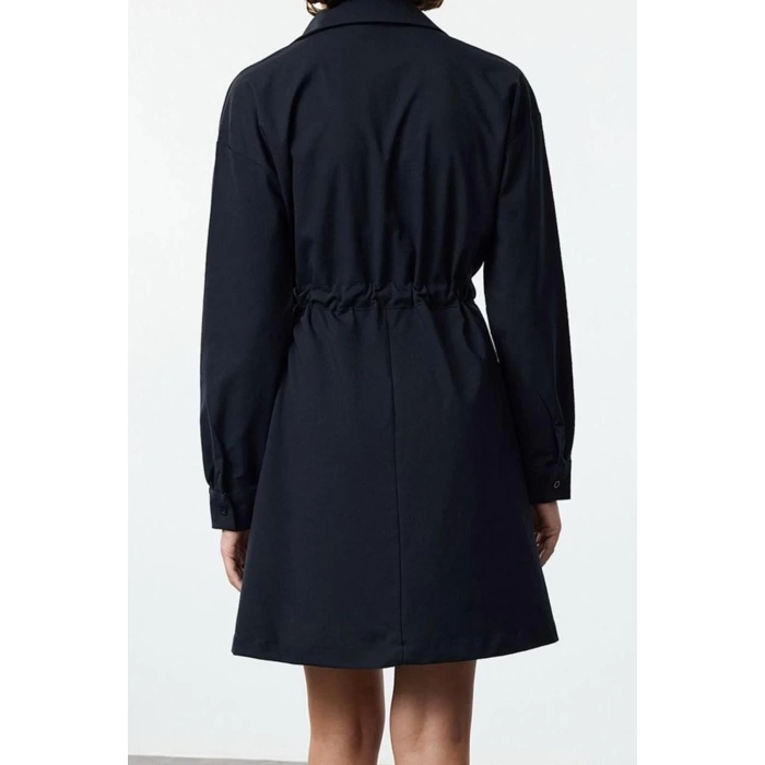 Womens Fashion Stylish Mini Length Shirt Collar Regular Waist Tunnel Detailed Cotton Woven Dress
