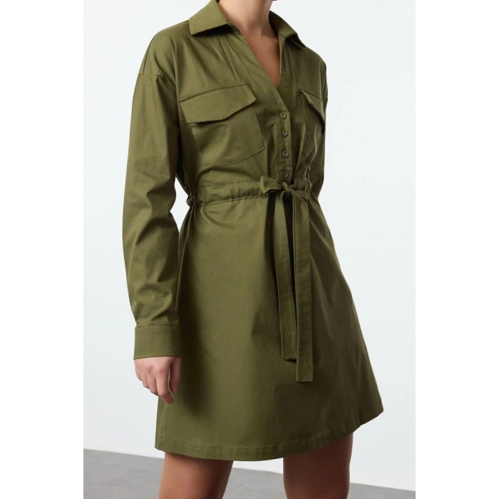 Womens Fashion Stylish Mini Length Shirt Collar Regular Waist Tunnel Detailed Cotton Woven Dress