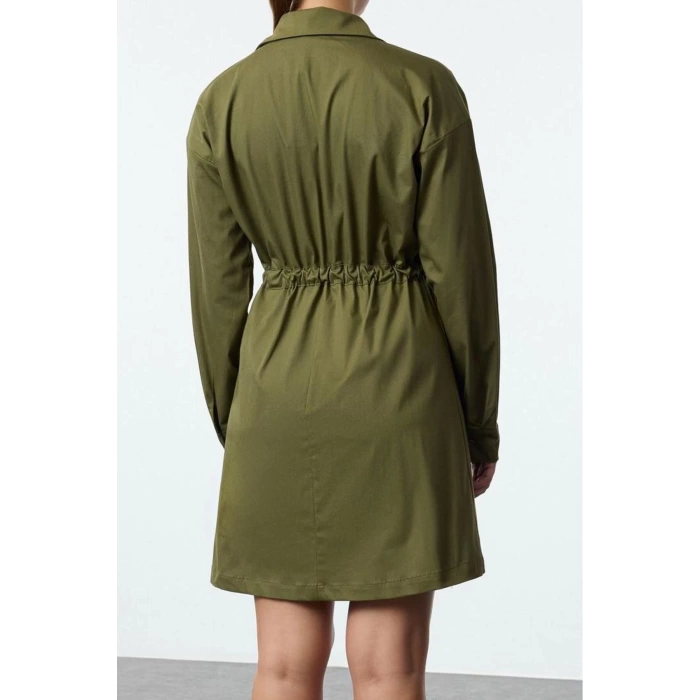 Womens Fashion Stylish Mini Length Shirt Collar Regular Waist Tunnel Detailed Cotton Woven Dress
