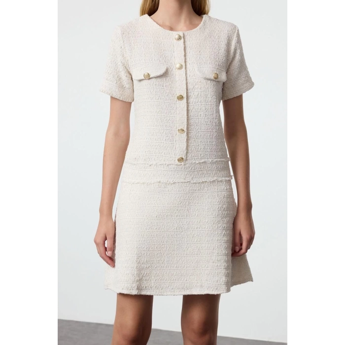 Women Fashion Stylish Mini Length Crew Neck Regular A Cut Button Detailed Tweed Woven Dress