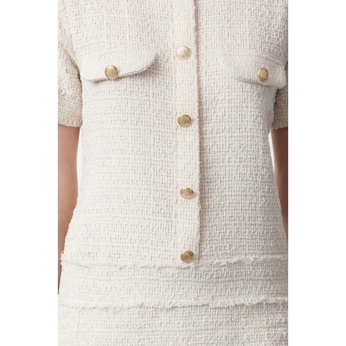 Women Fashion Stylish Mini Length Crew Neck Regular A Cut Button Detailed Tweed Woven Dress