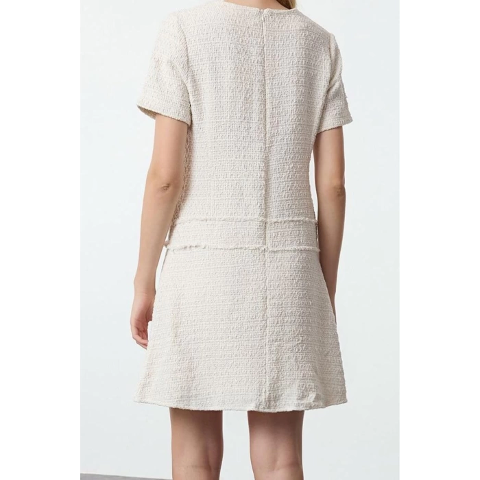 Women Fashion Stylish Mini Length Crew Neck Regular A Cut Button Detailed Tweed Woven Dress