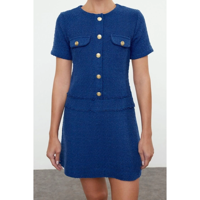 Women Fashion Stylish Mini Length Crew Neck Regular A Cut Button Detailed Tweed Woven Dress
