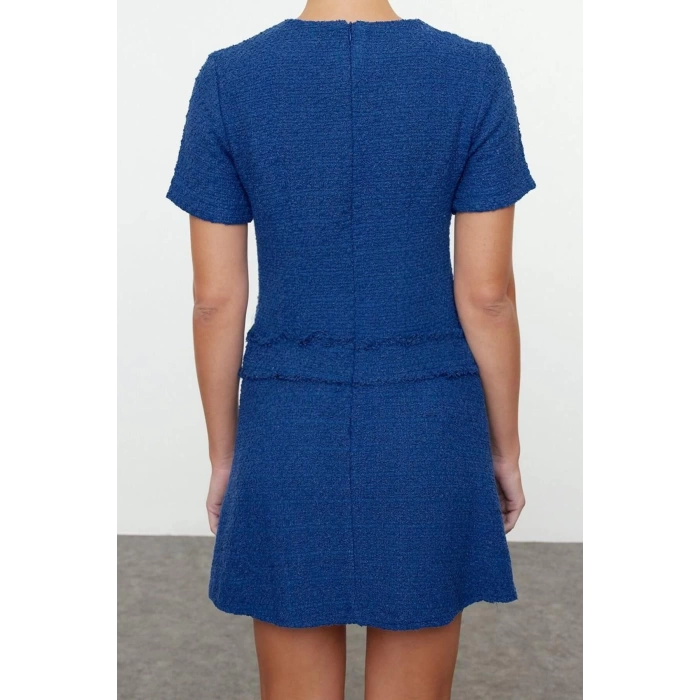 Women Fashion Stylish Mini Length Crew Neck Regular A Cut Button Detailed Tweed Woven Dress