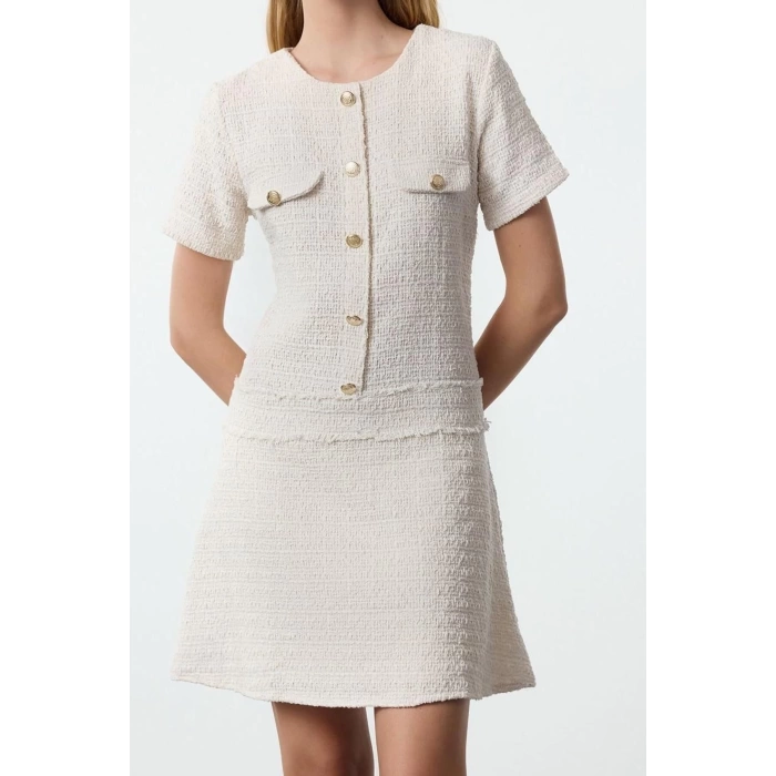 Women Fashion Stylish Mini Length Crew Neck Regular A Cut Button Detailed Tweed Woven Dress