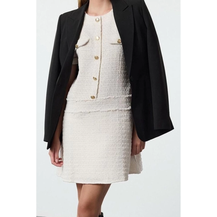 Women Fashion Stylish Mini Length Crew Neck Regular A Cut Button Detailed Tweed Woven Dress