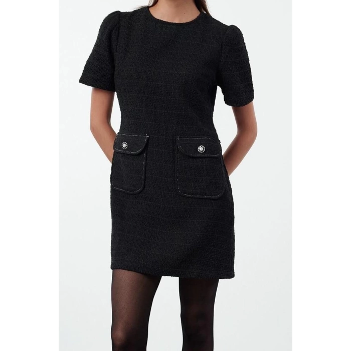 Women Fashion Stylish Mini Length Crew Neck Regular A Cut Pocket Detailed Woven Dress