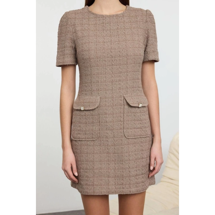 Women Fashion Stylish Mini Length Crew Neck Regular A Cut Pocket Detailed Woven Dress