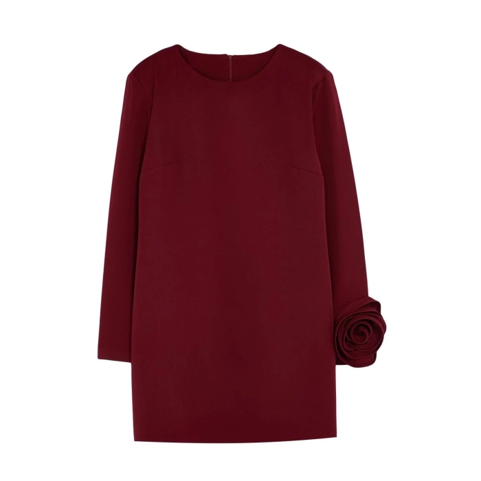 Women Fashion Stylish Mini Length Crew Neck Relaxed Straight Cut Rose Detailed Woven Dress