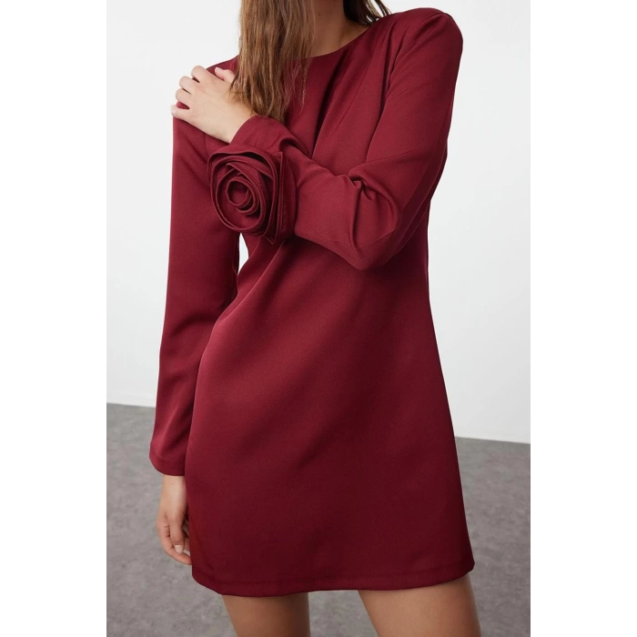 Women Fashion Stylish Mini Length Crew Neck Relaxed Straight Cut Rose Detailed Woven Dress
