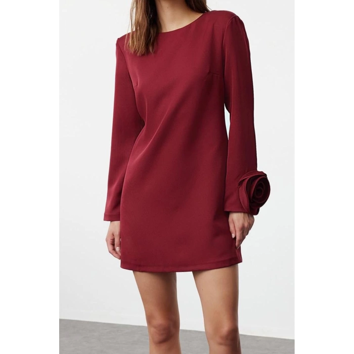 Women Fashion Stylish Mini Length Crew Neck Relaxed Straight Cut Rose Detailed Woven Dress