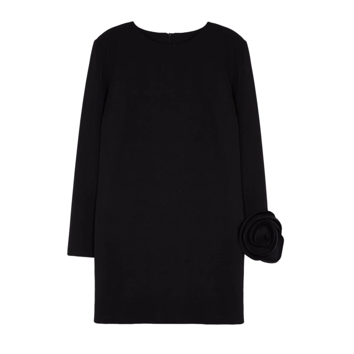 Women Fashion Stylish Mini Length Crew Neck Relaxed Straight Cut Rose Detailed Woven Dress