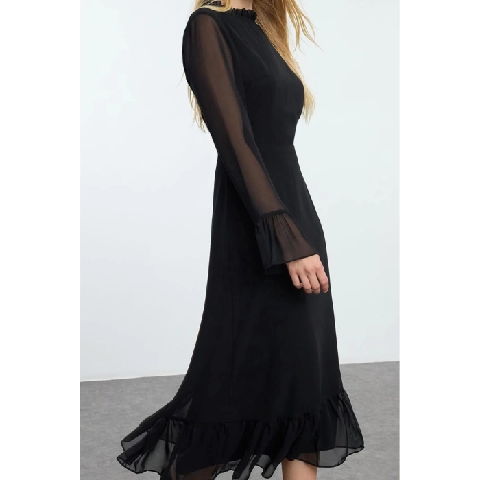Kadın Moda Midi Boy Dik Yaka Regular Mavi Çiçek Desenli A Kesim Astarlı Şifon Dokuma Kışlık Elbise