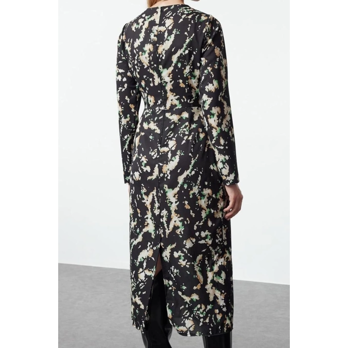 Women Fashion Stylish Midi Length Double Breasted Regular Abstract Patterned A Cut Cowl Neck Woven Dress