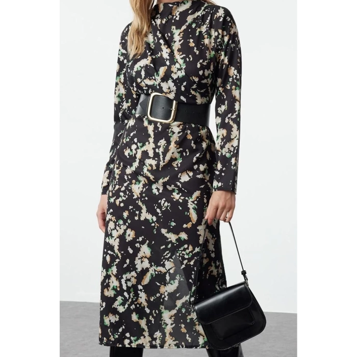 Women Fashion Stylish Midi Length Double Breasted Regular Abstract Patterned A Cut Cowl Neck Woven Dress