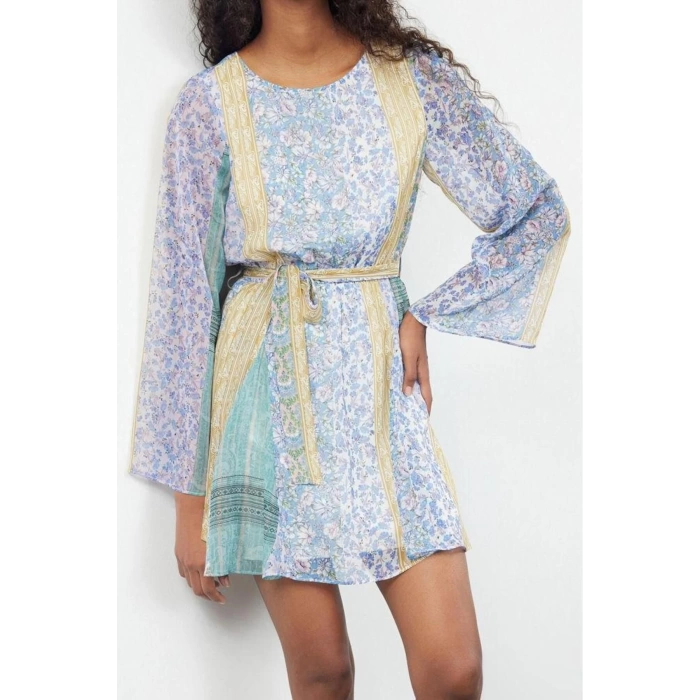 Womens Mini Length Crew Neck Regular Floral Patterned Skirt Opening at Waist Lined Woven Chiffon Dress