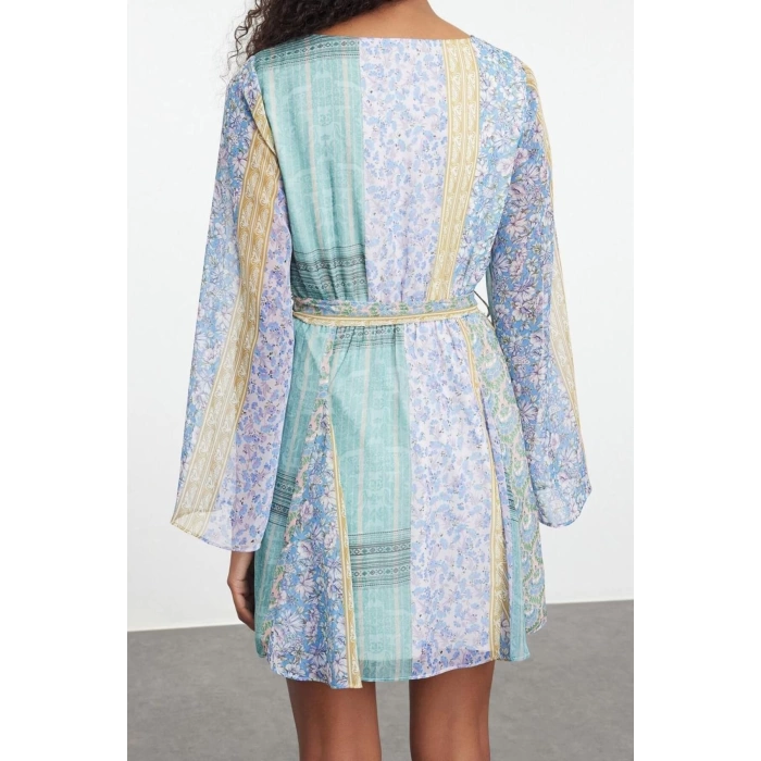Womens Mini Length Crew Neck Regular Floral Patterned Skirt Opening at Waist Lined Woven Chiffon Dress