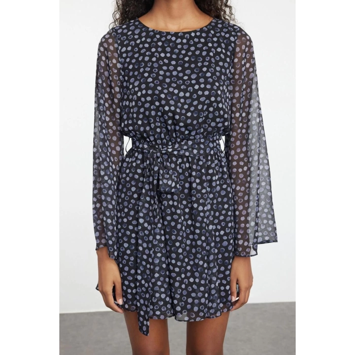 Womens Mini Length Crew Neck Regular Floral Patterned Skirt Opening at Waist Lined Woven Chiffon Dress