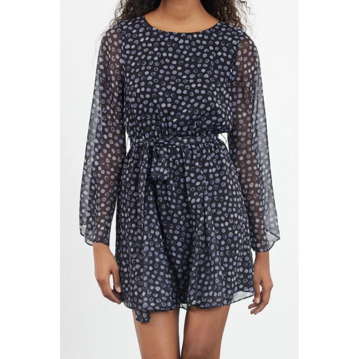 Womens Mini Length Crew Neck Regular Floral Patterned Skirt Opening at Waist Lined Woven Chiffon Dress