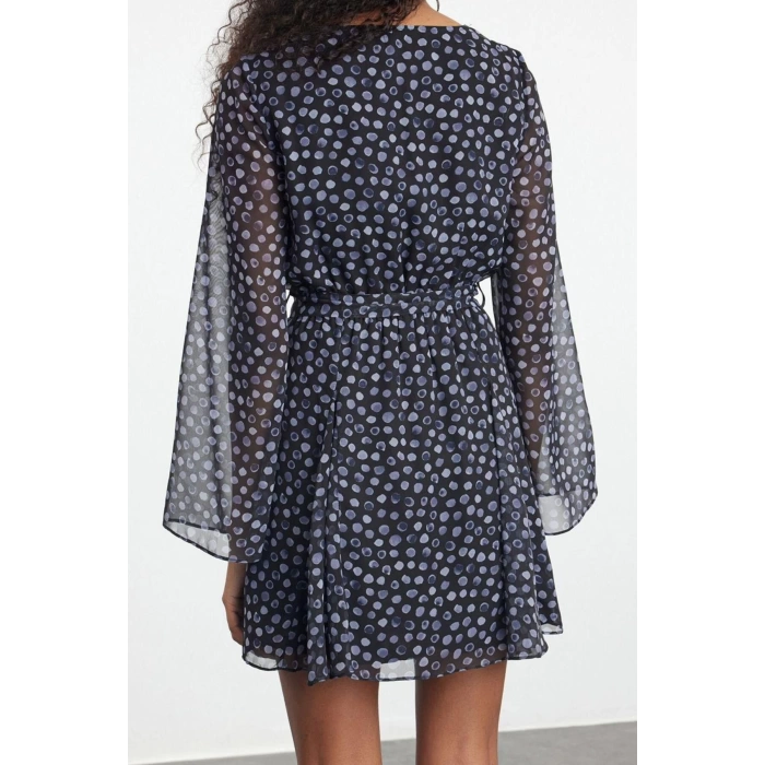 Womens Mini Length Crew Neck Regular Floral Patterned Skirt Opening at Waist Lined Woven Chiffon Dress