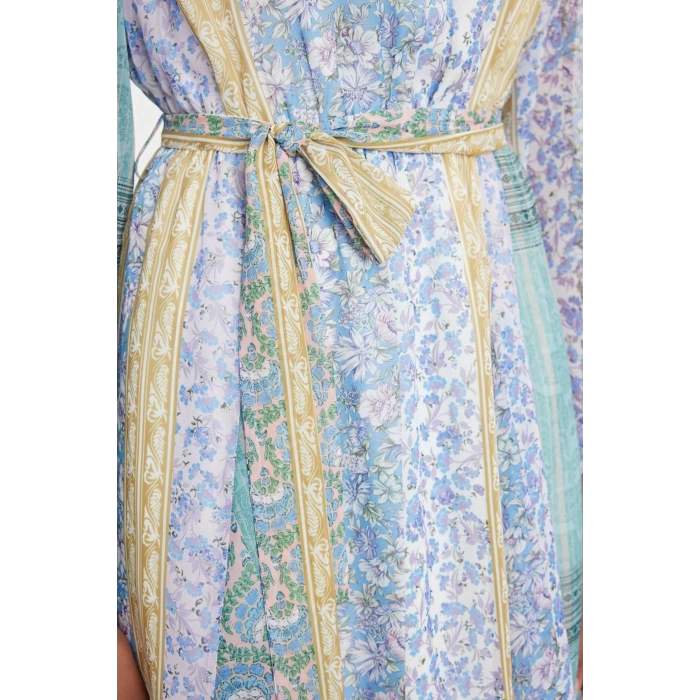 Womens Mini Length Crew Neck Regular Floral Patterned Skirt Opening at Waist Lined Woven Chiffon Dress