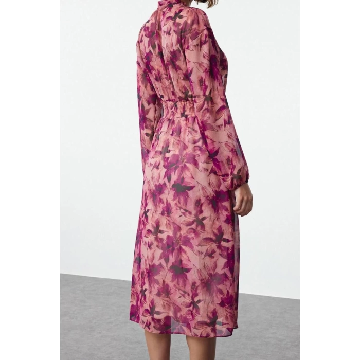 Womens Midi Length Crew Neck Regular Animal Patterned Skirt Opening at Waist Lined Woven Winter Dress