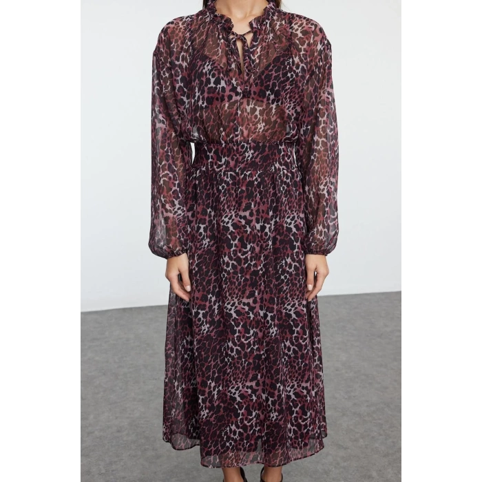 Womens Midi Length Crew Neck Regular Animal Patterned Skirt Opening at Waist Lined Woven Winter Dress