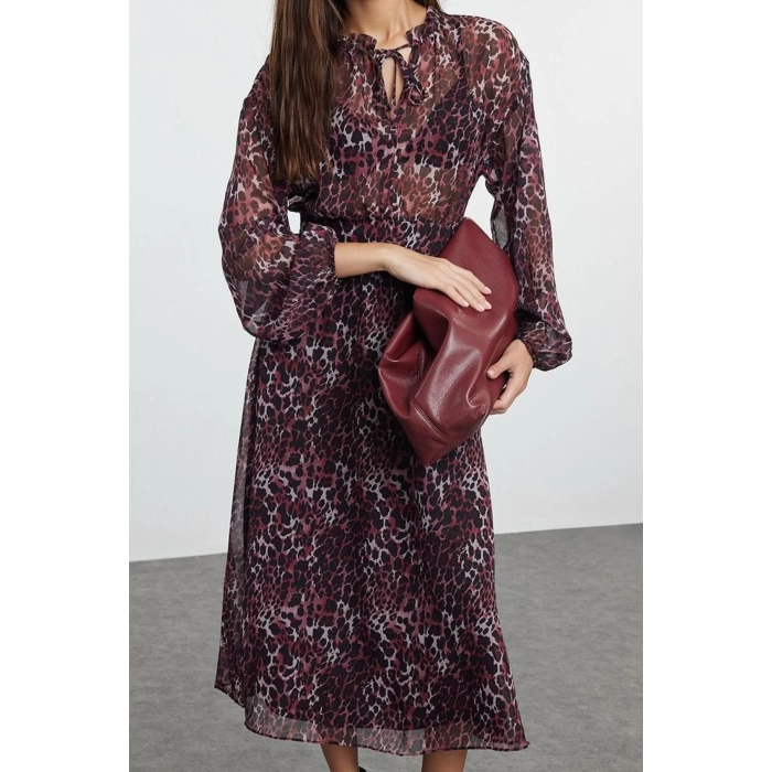 Womens Midi Length Crew Neck Regular Animal Patterned Skirt Opening at Waist Lined Woven Winter Dress