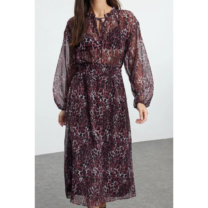 Womens Midi Length Crew Neck Regular Animal Patterned Skirt Opening at Waist Lined Woven Winter Dress