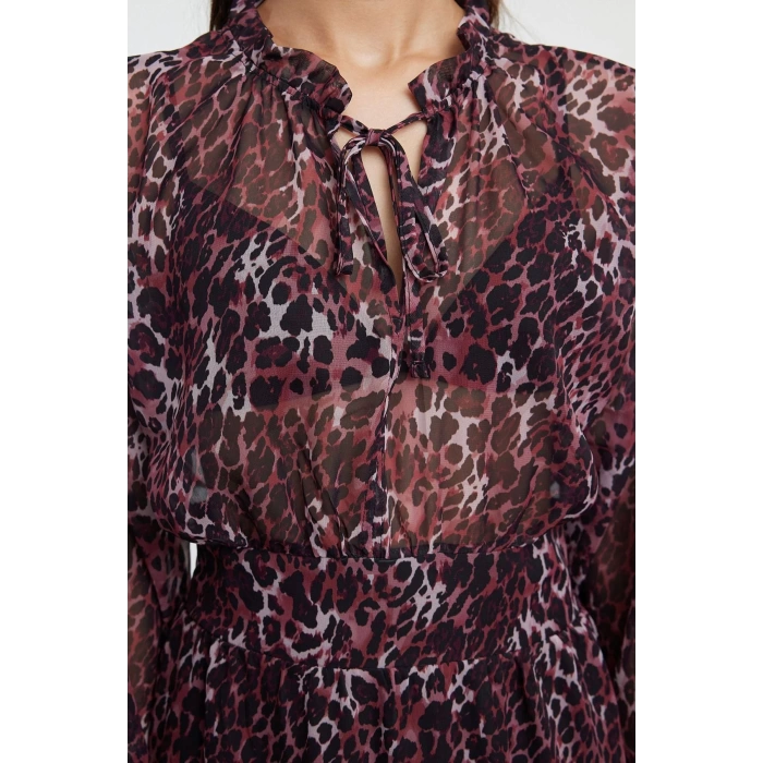 Womens Midi Length Crew Neck Regular Animal Patterned Skirt Opening at Waist Lined Woven Winter Dress